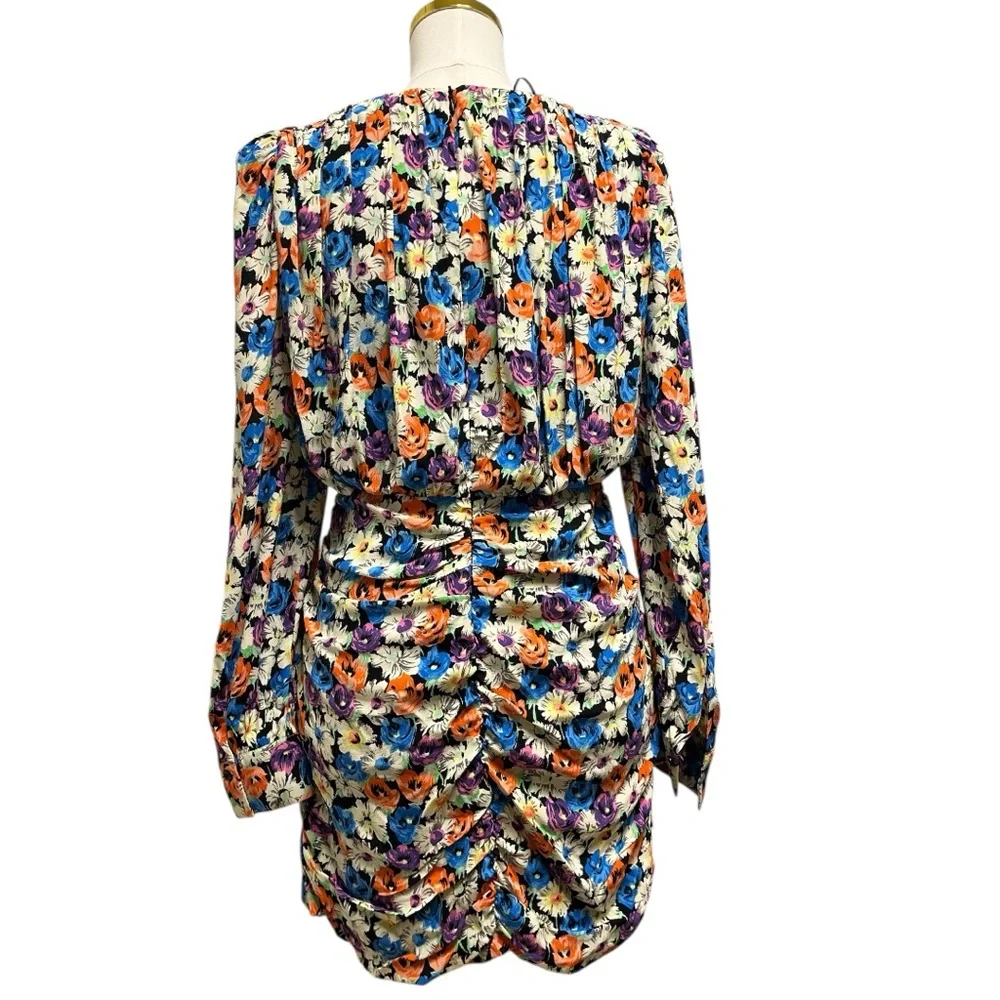 Zara Multicolor Floral Long Sleeve Ruched Mini Dress Size Medium - Picture 3 of 16